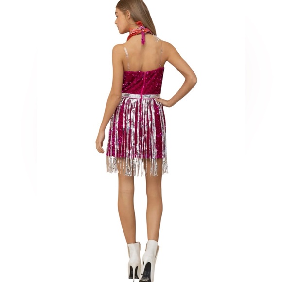 NEW blue b Magenta Velvet Allover Sequin Silver Fringe Bodycon Belted Mini Dress - Picture 4 of 5